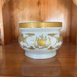 Lư Hương Sứ Trắng Rồng Vàng Hoa Văn Cao Cấp - Cao 12cm Ngang 15.5cm