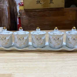 Bộ án nước 5 ly sứ trắng bạch ngọc cao 7cm ngang 27cm