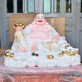 [16inch] Tượng Phật Di Lặc cầm gậy như ý ngang 38cm đá nhập khẩu màu trắng