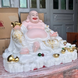 [16inch] Tượng Phật Di Lặc cầm gậy như ý ngang 38cm đá nhập khẩu màu trắng