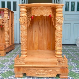 Bàn thờ thần tài ông địa gỗ xoan đào ngang 60cm x cao 88cm - quỳ trụ 2 màu Vàng nhạt, Đỏ