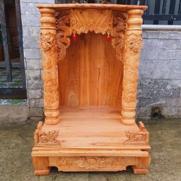 Bàn thờ Thần Tài Thổ Địa gỗ xoan đào ngang 48cm x cao 68cm quỳ trụ - màu Vàng