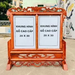 Khung ảnh đôi thờ gia tiên 20cmx30cm gỗ hương chạm khắc ép kính viền hoa cao cấp