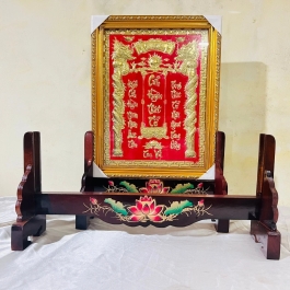 Giá để khung ảnh, khung tăng giảm hình thờ gỗ tràm bông vàng sơn PU chống mối mọt và cẩn hoa sen - cỡ ngang 30cm