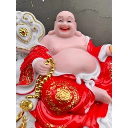 [16 inch] Tượng Phật Di Lặc Mẫu Như Ý cầm thỏi vàng bằng Đá nhập khẩu ngang 35cm – Đỏ
