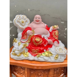 [16 inch] Tượng Phật Di Lặc Mẫu Như Ý cầm thỏi vàng bằng Đá nhập khẩu ngang 35cm – Đỏ