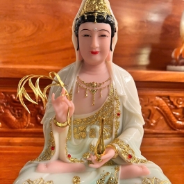 [12inch] Tượng Phật Quan Âm Ngồi Đài Sen Cao 30cm Đá Nhập Khẩu -Màu Trắng phối Xanh