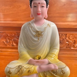 [12inch] Tượng Phật Thích Ca Ngồi Đài Sen Cao 30cm Đá Nhập Khẩu - Màu Trắng phối Vàng