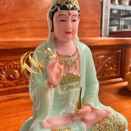 [12inch] Tượng Phật Quan Âm Ngồi Đài Sen Cao 30cm Đá Nhập Khẩu -Màu Xanh Ngọc