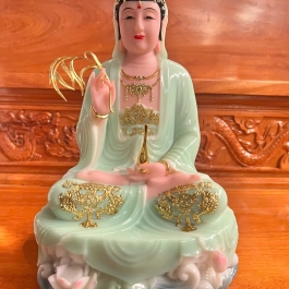 [12inch] Tượng Phật Quan Âm Ngồi Đài Sen Cao 30cm Đá Nhập Khẩu -Màu Xanh Ngọc