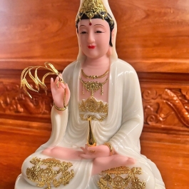 [12inch] Tượng Phật Quan Âm Ngồi Đài Sen Cao 30cm Đá Nhập Khẩu -Màu Trắng