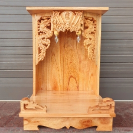 Bàn thờ thần tài ông địa gỗ xoan đào ngang 35cm lọng cực đẹp rẻ và bền bỉ hai màu vàng nhạt và đỏ