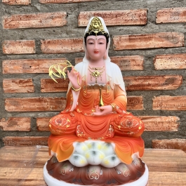 [12inch] Tượng Quan Thế Âm Bồ Tát Mẫu Áo Gấm Bằng Đá Hàng Nhập Khẩu Cao 30cm - Màu Cam