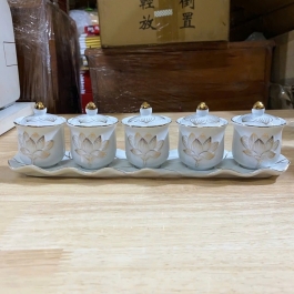 Bộ án nước 5 ly sứ trắng bạch ngọc cao 7cm ngang 27cm