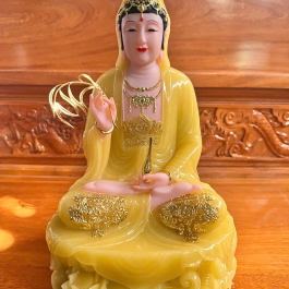 Tượng Phật Quan Âm Ngồi Đài Sen Cao 30cm Đá Nhập Khẩu -Màu Vàng