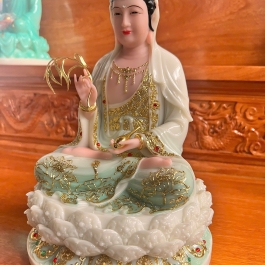 Tượng Phật Quan Âm Ngồi Đài Sen Cao 30cm Đá Nhập Khẩu -Màu Trắng phối Xanh