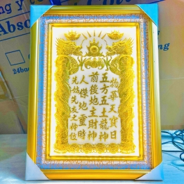 [48x68] Bài vị Thần Tài Thổ Địa Đát Vàng 24K Khung Gỗ Vàng Nền Trắng Cao 68cm x Ngang 48cm - Có đèn