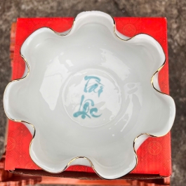 Bát Sen Thả Hoa, Bát “Minh đường tụ thủy” Vân Đá Hoa Cương Chữ Tài Lộc Màu Xanh Dương Ngang 17cm