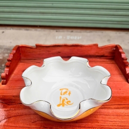 Bát Sen Thả Hoa, Bát “Minh đường tụ thủy” Vân Đá Hoa Cương Chữ Tài Lộc Màu Vàng - Ngang 20cm