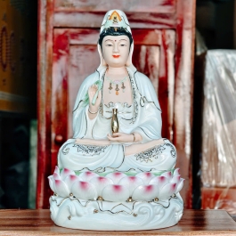 Tượng Quan Âm Bồ Tát Ngồi Đế Sen Hồng bằng Sứ Cao Cấp 