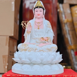 Tượng Phật Quan Thế Âm Bồ Tát ngồi trên đài sen bằng đá cao cấp cao 42cm – Màu Trắng
