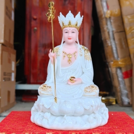 Tượng Địa Tạng Vương Bồ Tát ngồi trên đài sen bằng đá cao cấp cao 30cm – Màu Trắng