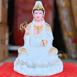 Tượng Phật Quan Thế Âm Bồ Tát ngồi trên đài sen bằng đá cao cấp cao 30cm – Màu Trắng
