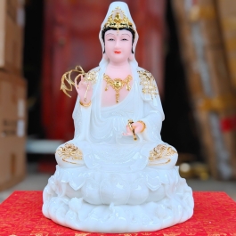 Tượng Phật Quan Thế Âm Bồ Tát ngồi trên đài sen bằng đá cao cấp cao 30cm – Màu Trắng