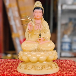 Tượng Phật Quan Thế Âm Bồ Tát màu vàng thạch anh  bằng đá cao cấp cao 30cm