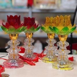 Cặp Đèn Thờ Pha Lê Hoa Sen Thủy Tinh  cao cấp, đèn led 7 màu cao 25cm– hoa sen vàng và đỏ 