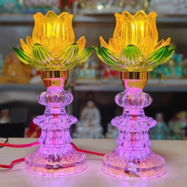 Cặp Đèn Thờ Pha Lê Hoa Sen Thủy Tinh  cao cấp, đèn led 7 màu cao 25cm– hoa sen vàng và đỏ 