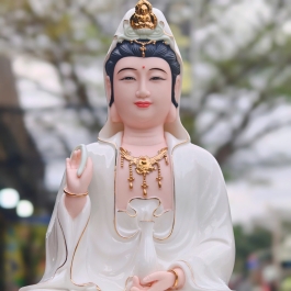 Tượng Quan Thế Âm Bồ Tát bằng sứ Đức Hóa sen hồng cao cấp 2 cỡ (30cm và 40cm)