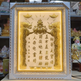 [38x48] Bài vị Thần Tài Thổ Địa Dát Vàng 24K Khung Nhựa Trắng Nền Trắng Có Đèn cao 48cm x 38cm