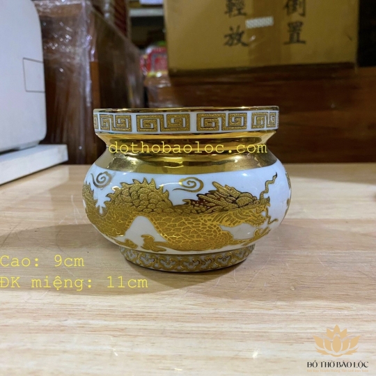 Bát nhang sứ cao cấp hình rồng vàng 3D Cao: 13cm, ĐK Miệng: 17.5cm