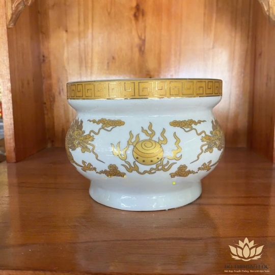 Lư Hương Sứ Trắng Rồng Vàng Hoa Văn Cao Cấp - Cao 12cm Ngang 15.5cm