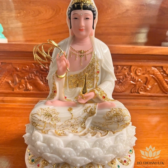 [12inch] Tượng Phật Quan Âm Ngồi Đài Sen Cao 30cm Đá Nhập Khẩu -Màu Trắng