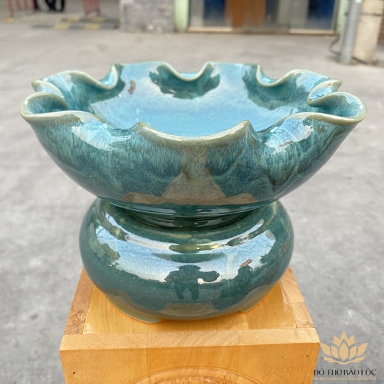 Bát thả bông có đế bát tụ lộc “ Minh đường tụ thủy” men đá Bát Tràng - Màu xanh - Ngang 17cm