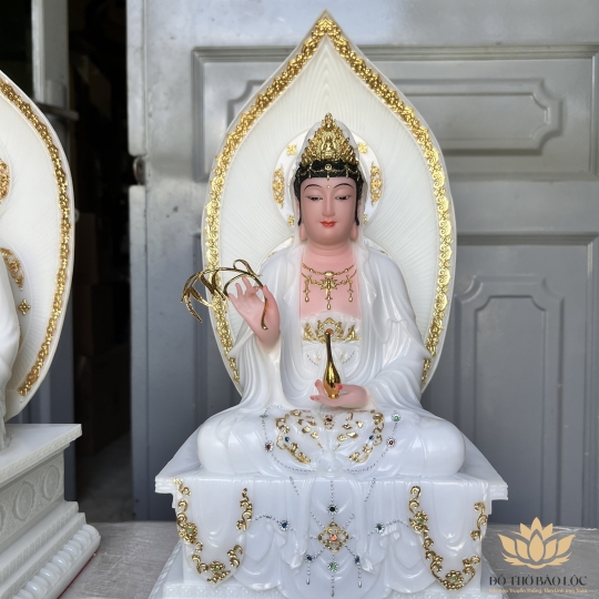 [16inch] Tượng Quan Thế Âm Bồ Tát Đá Nhập Khẩu Cao Cấp Đế Vuông Cao 40cm - Màu Trắng