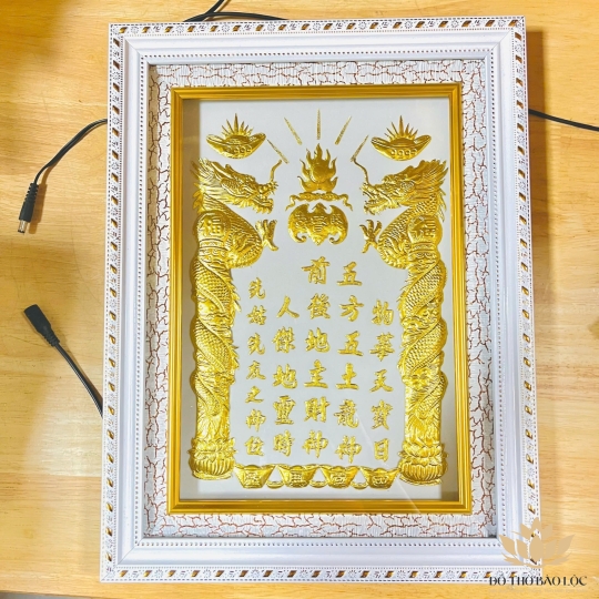 [30x38] Bài Vị Thần Tài Thổ Địa Dát Vàng Khung Nhựa Nền Trắng Cao 38cm x Ngang 30cm - Không đèn