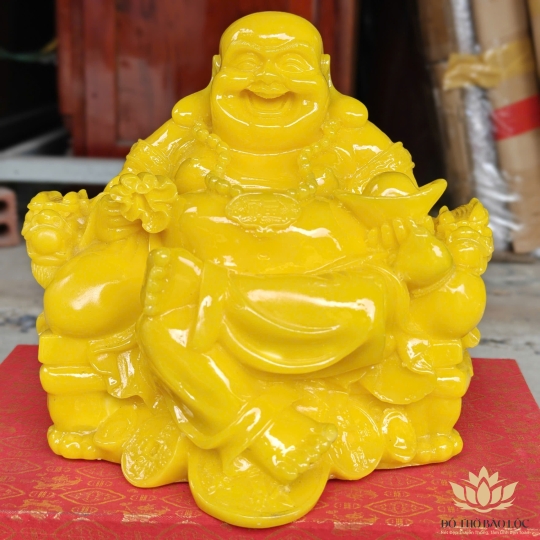 Tượng Di Lạc cầm thỏi vàng bằng bột đá mang phúc lạc và tài lộc cao 23cm