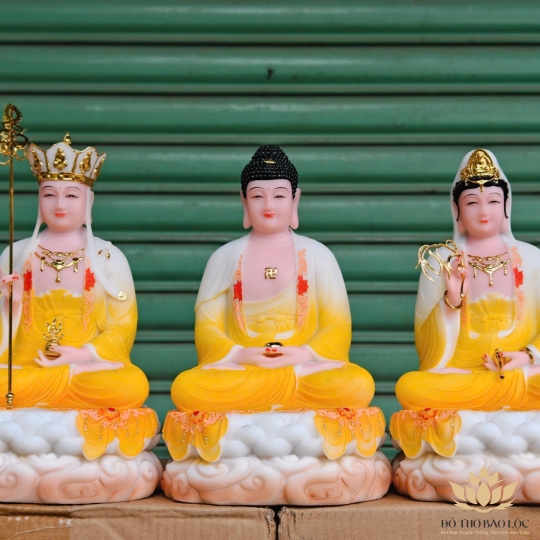 Tượng Tam Thế Phật ngồi – Bộ 3 Tượng Phật Tây Phương Tam Thánh  bằng Đá Nhập Khẩu cao 31cm