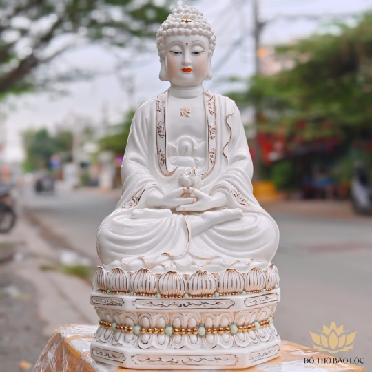 Tượng Phật A Di Đà bằng sứ đức hóa cao cấp ngồi trên đài sen cao 41cm