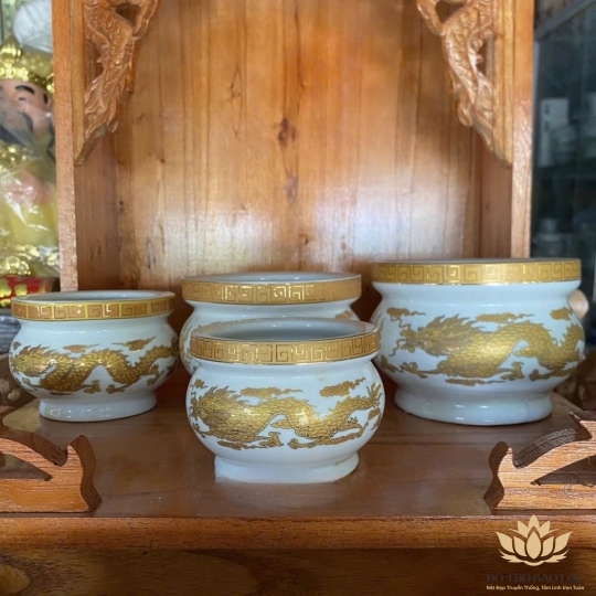 Lư Hương Sứ Trắng Rồng Vàng Hoa Văn Cao Cấp - Cao 8cm Ngang 11cm