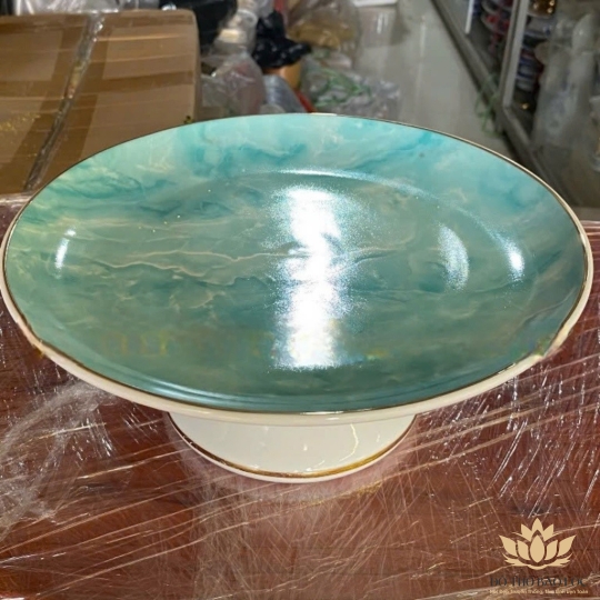 Đĩa Sứ Thờ Họa Tiết Đá Hoa Cương cao 8cm ngang 20cm – Màu Xanh