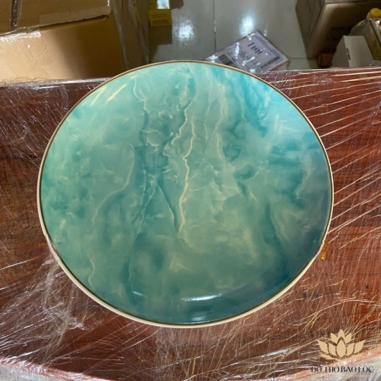 Đĩa Sứ Thờ Họa Tiết Đá Hoa Cương cao 8cm ngang 20cm – Màu Xanh