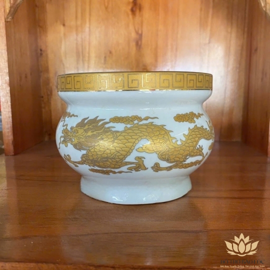 Lư Hương Sứ Trắng Rồng Vàng Hoa Văn Cao Cấp - Cao 12cm Ngang 15.5cm