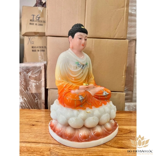 [12inch] Tượng Thích Ca Mâu Ni Phật Ngồi Đài Sen Bằng Đá Nhập Cao 30cm - Màu Cam