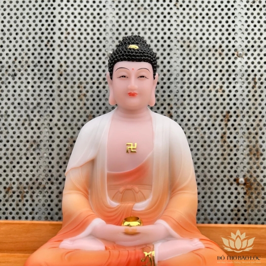 [12inch] Tượng Phật A Di Đà áo gấm bằng đá nhập khẩu cao cấp  cao 31cm – Màu cam