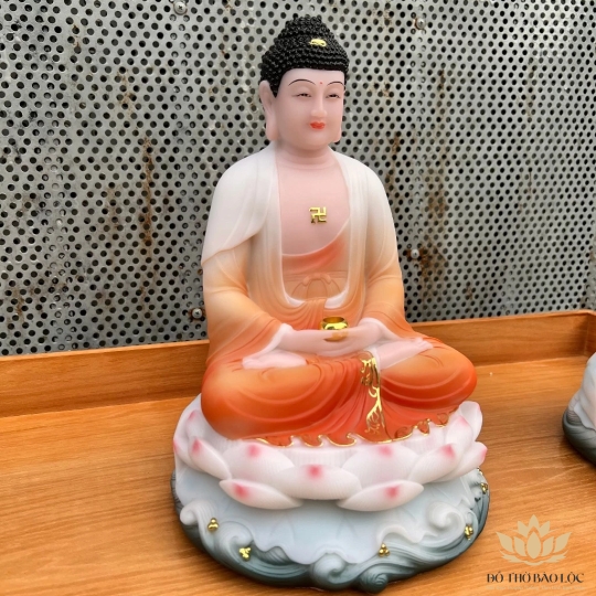 [12inch] Tượng Phật A Di Đà áo gấm bằng đá nhập khẩu cao cấp  cao 31cm – Màu cam