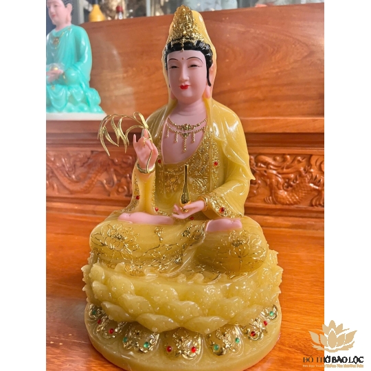 [12inch] Tượng Phật Quan Âm Ngồi Đài Sen Cao 30cm Đá Nhập Khẩu -Màu Vàng